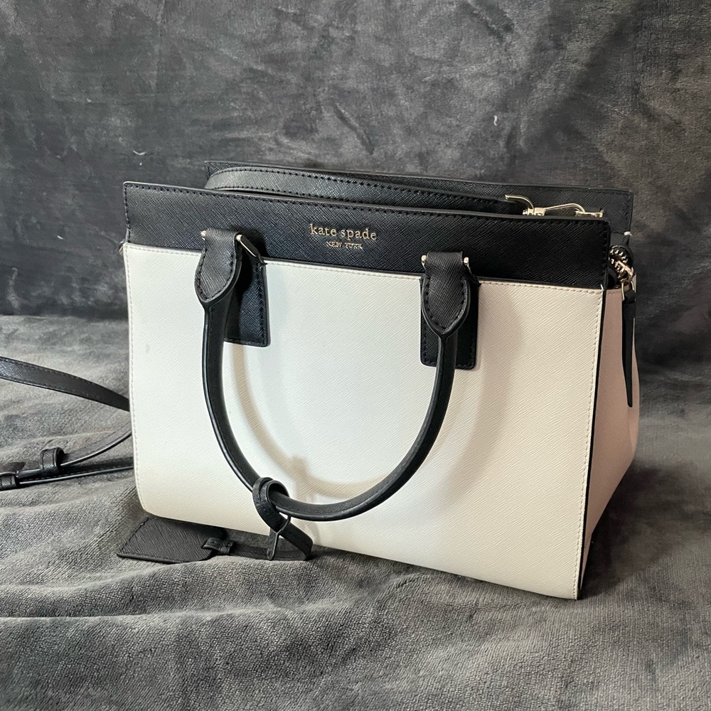 Kate spade larger satchel, cream with black trim, side panels blush